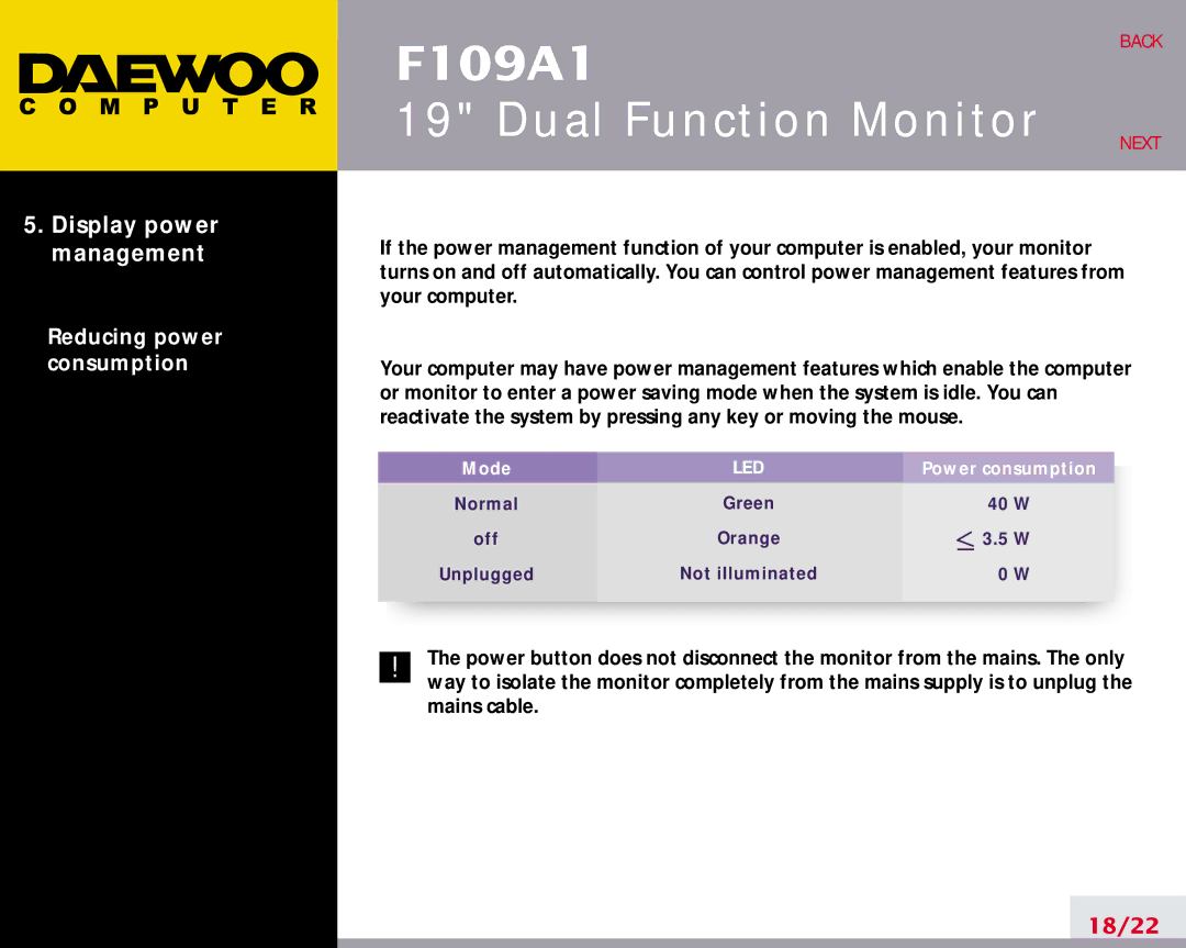 Daewoo F109A1 manual Display power management 