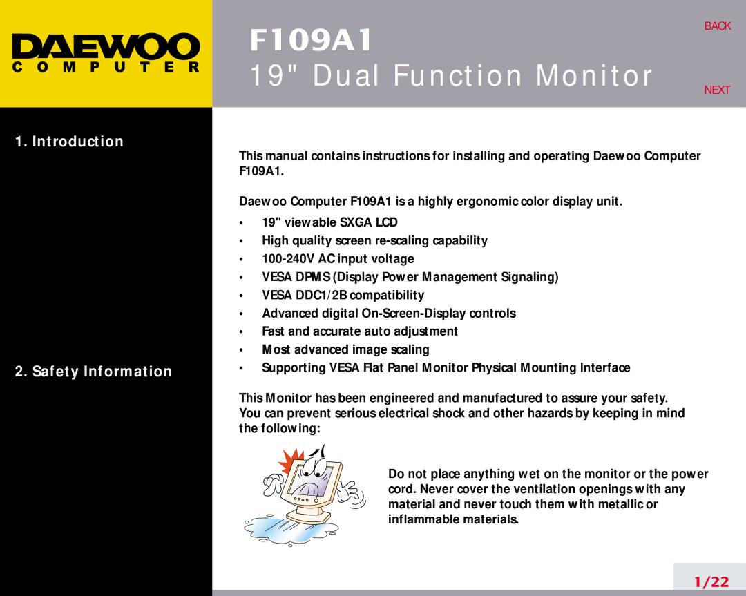 Daewoo F109A1 manual Introduction Safety Information 