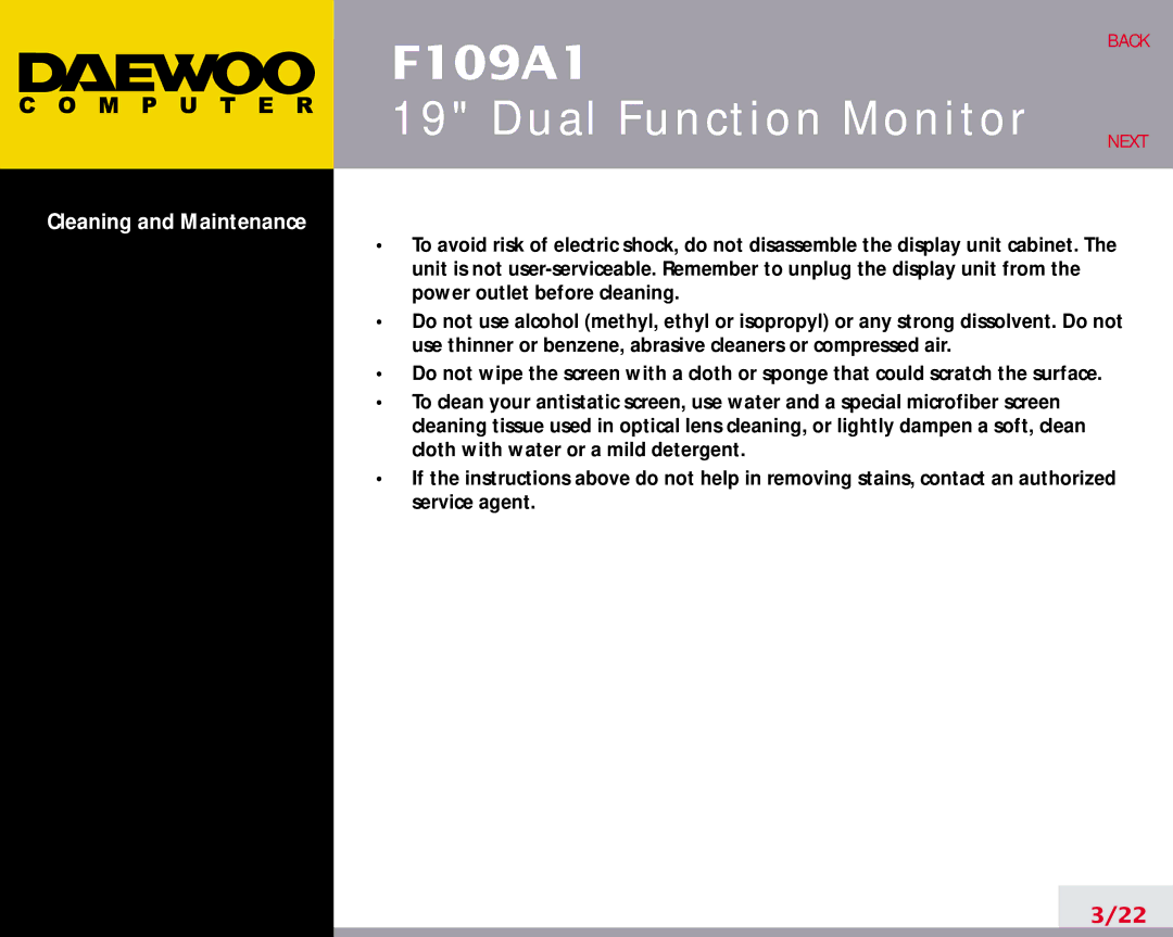 Daewoo F109A1 manual Cleaning and Maintenance 