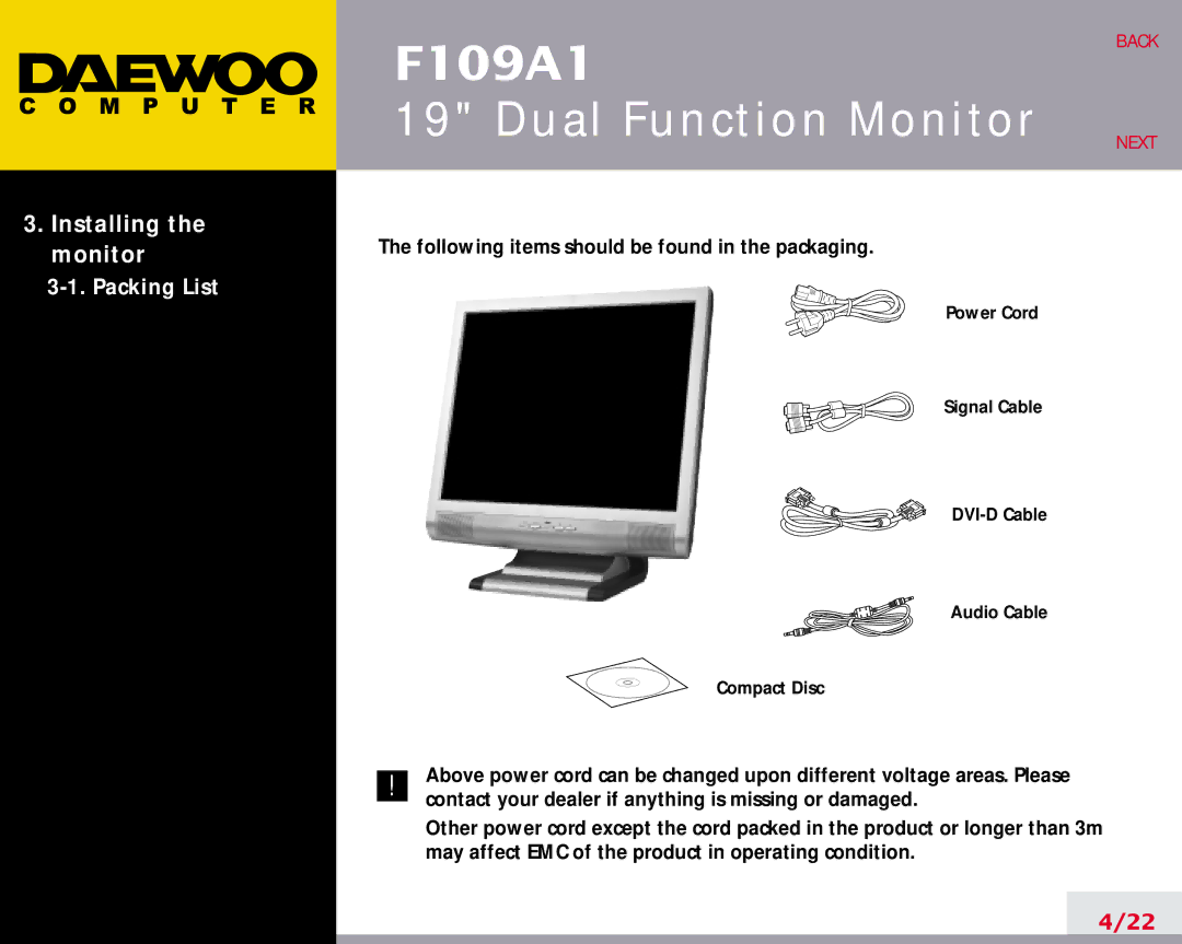 Daewoo F109A1 manual Installing the monitor 