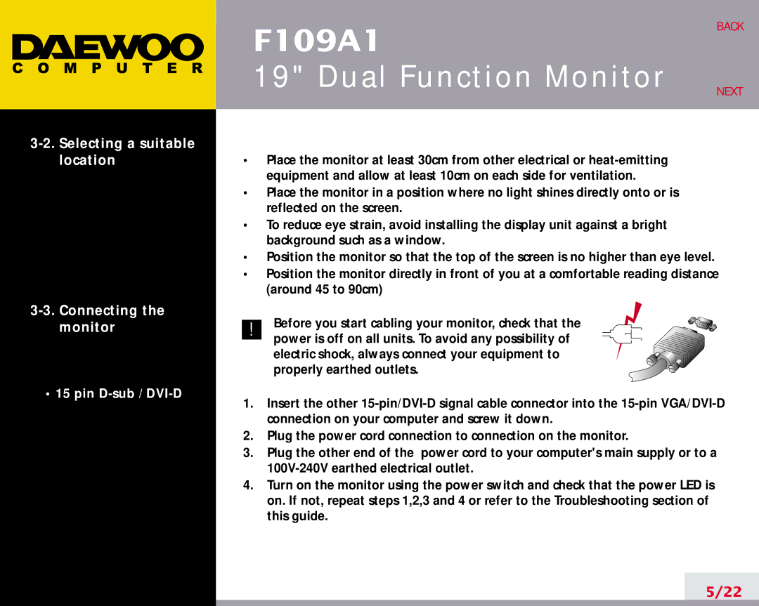 Daewoo F109A1 manual Selecting a suitable location Connecting the monitor 