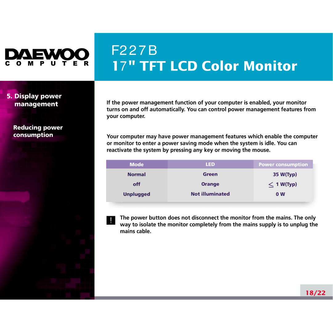 Daewoo F227B manual Display power management 