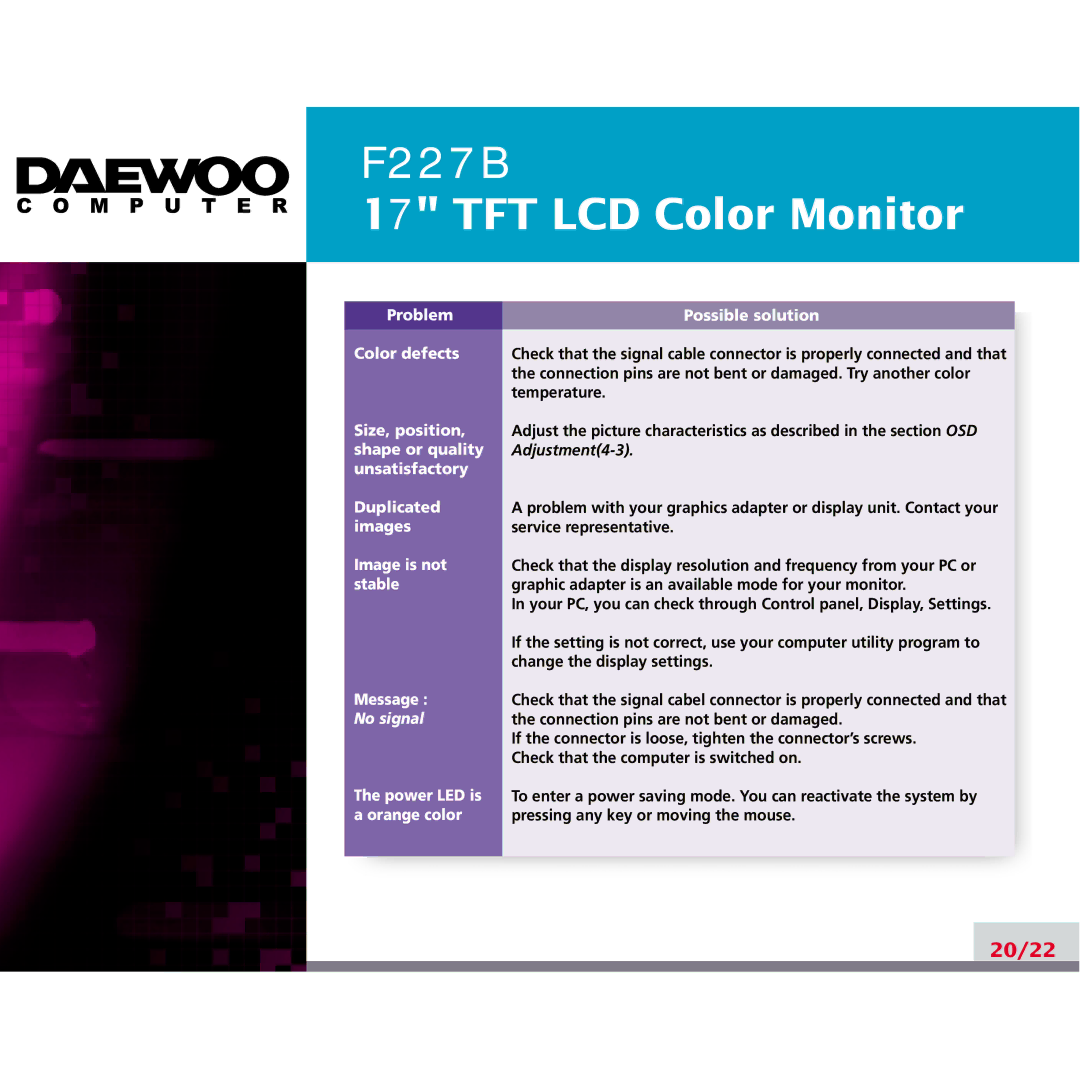 Daewoo F227B manual 20/22 