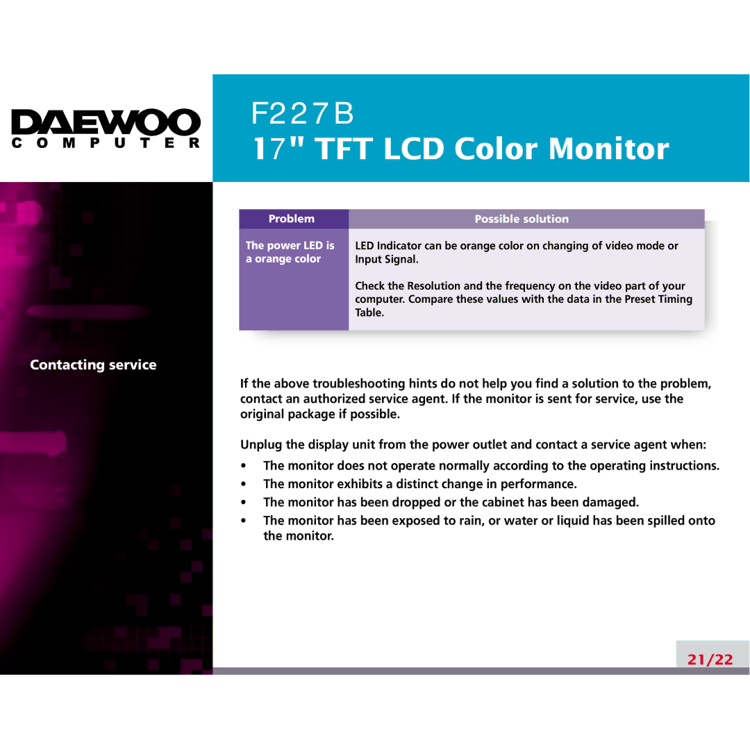 Daewoo F227B manual 21/22 