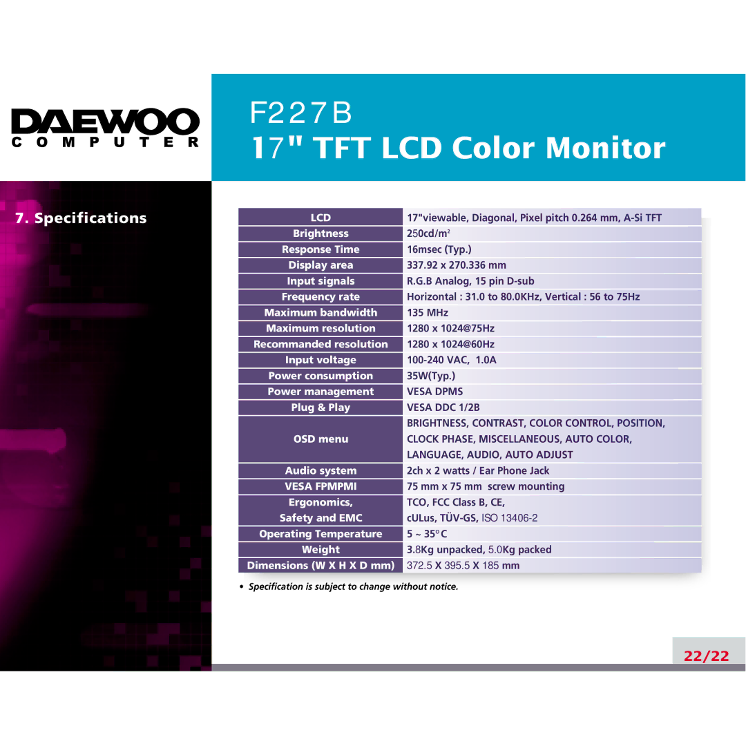 Daewoo F227B manual Specifications 