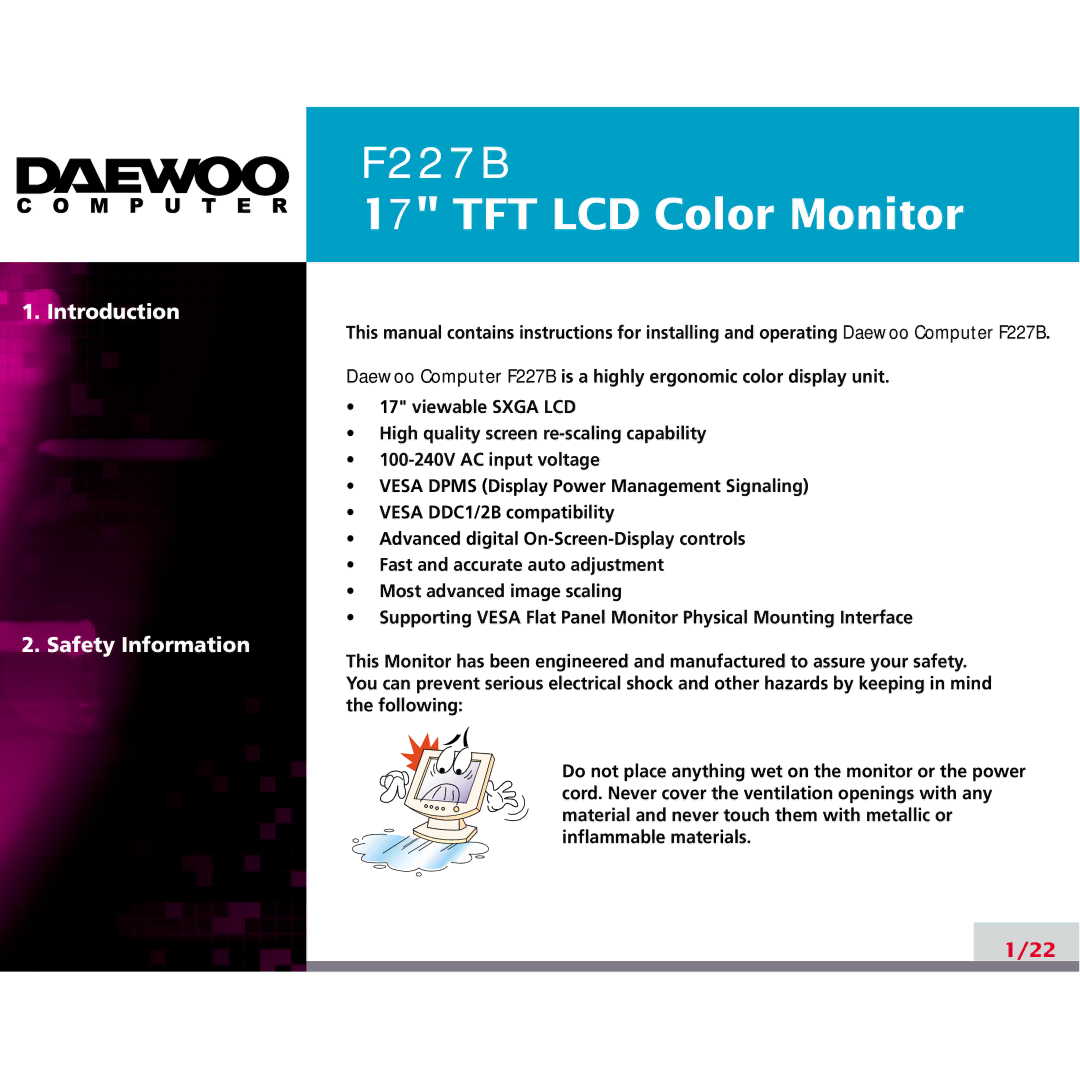 Daewoo F227B manual Introduction 