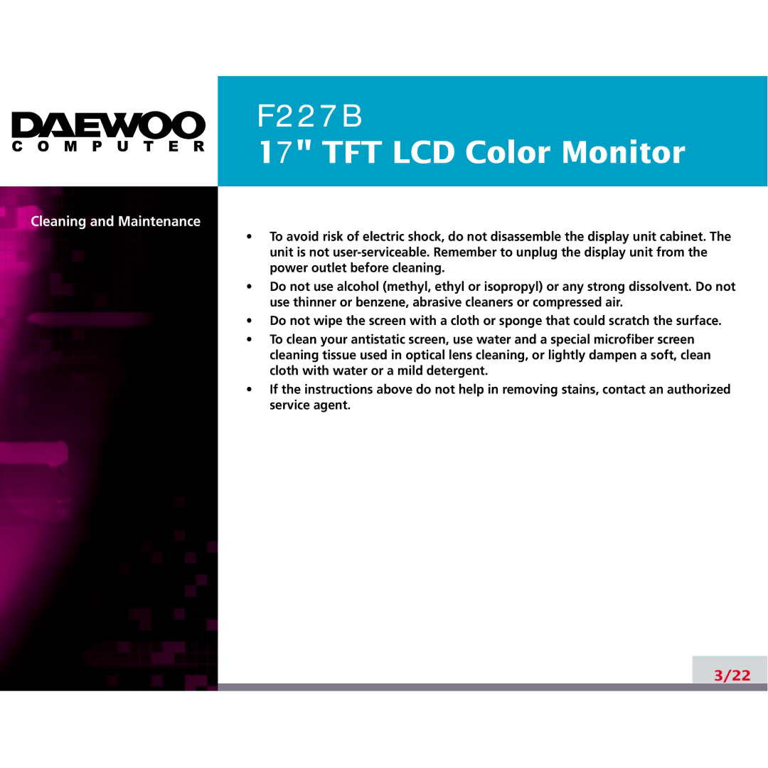 Daewoo F227B manual Cleaning and Maintenance 