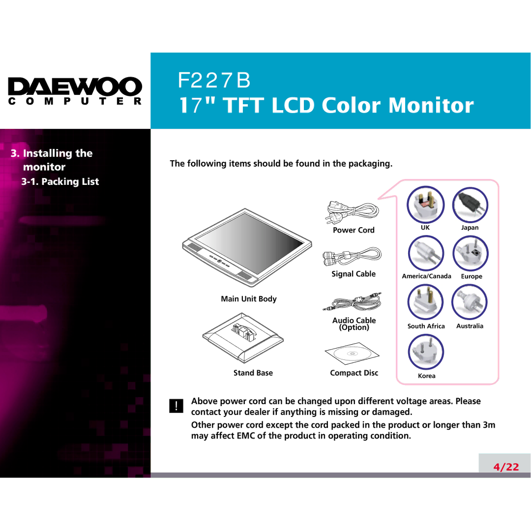 Daewoo F227B manual Installing the monitor 