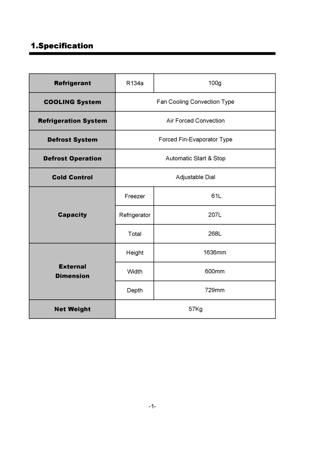 Daewoo FR-330 service manual Specification, Refrigerant 