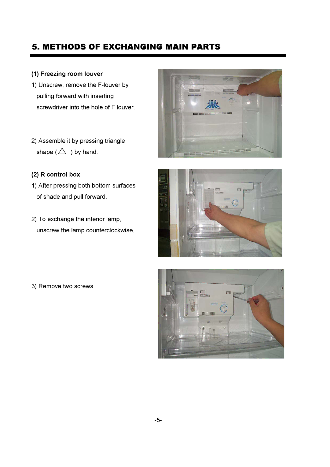 Daewoo FR-330 service manual Methods of Exchanging Main Parts, Freezing room louver, Control box 