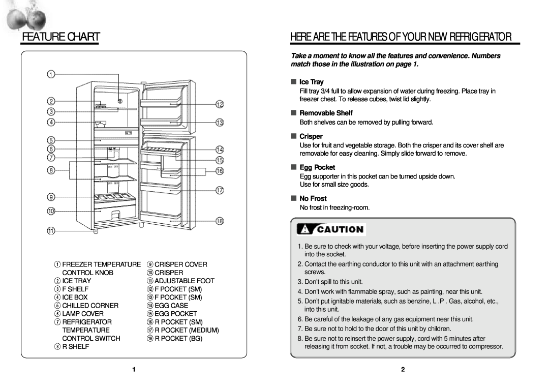 Daewoo FR-331 Feature Chart, Here Are The Features Of Your New Refrigerator, Ice Tray, Removable Shelf, Crisper, No Frost 