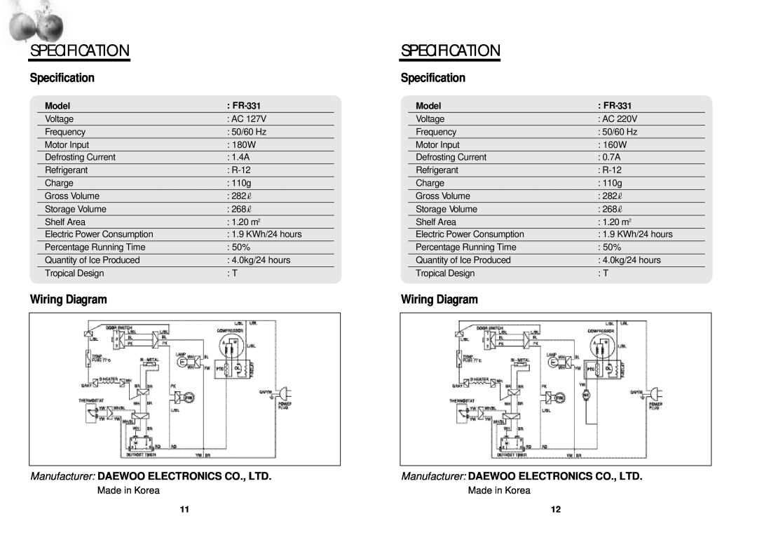 Daewoo FR-331 instruction manual Specification, Wiring Diagram, Model, Manufacturer: DAEWOO ELECTRONICS CO., LTD 