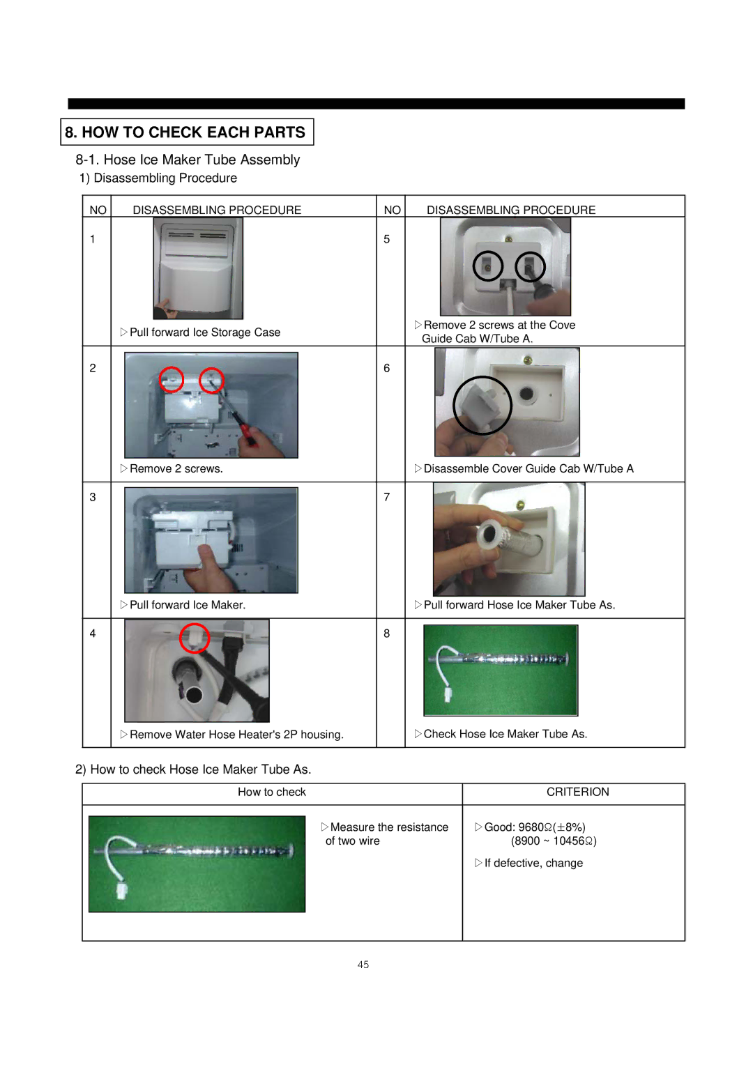 Daewoo frs20 manual HOW to Check Each Parts, Hose Ice Maker Tube Assembly, Disassembling Procedure 