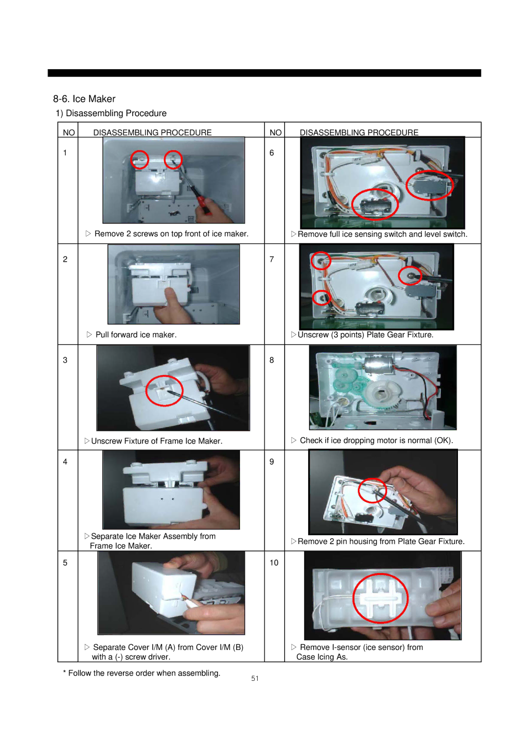 Daewoo frs20 manual Ice Maker, ▷ Remove 2 screws on top front of ice maker 