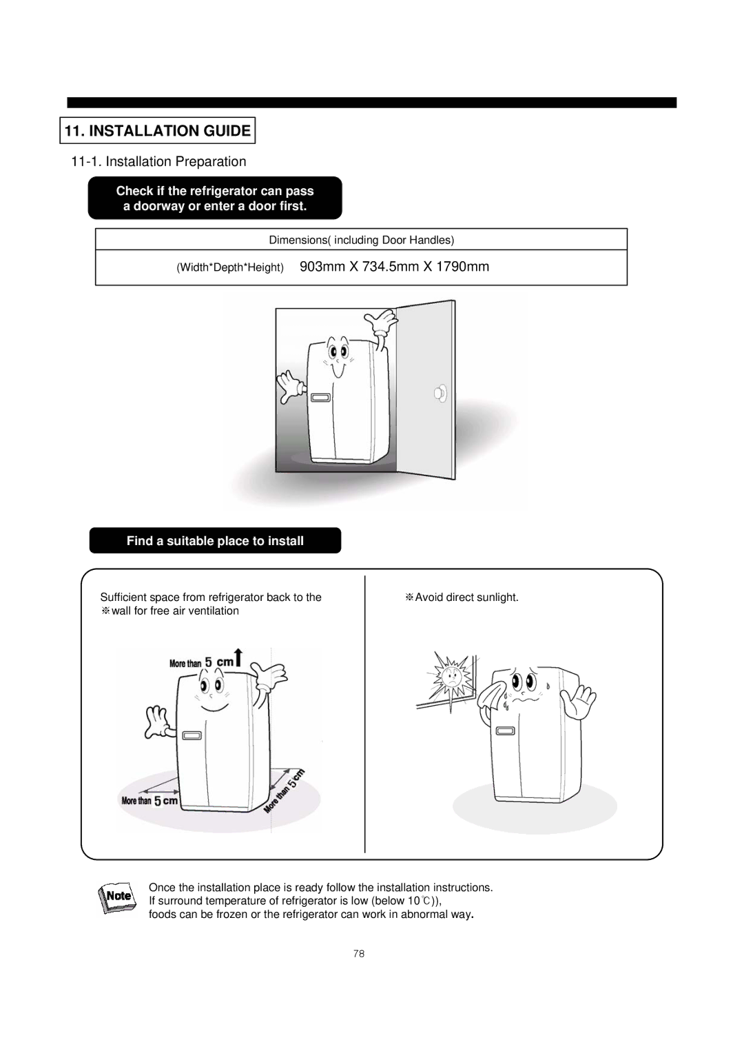 Daewoo frs20 manual Installation Guide, Installation Preparation, Width*Depth*Height 903mm X 734.5mm X 1790mm 