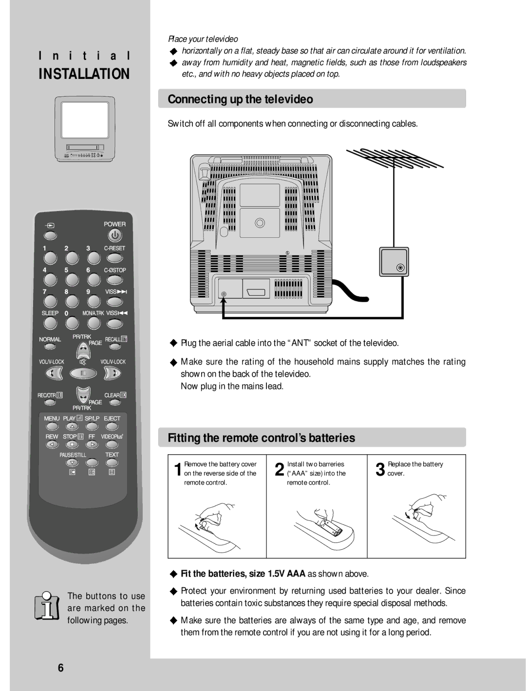 Daewoo GB20F8T2, GB14F8T1, GB21F1T2 instruction manual Connecting up the televideo, Fitting the remote control’s batteries 