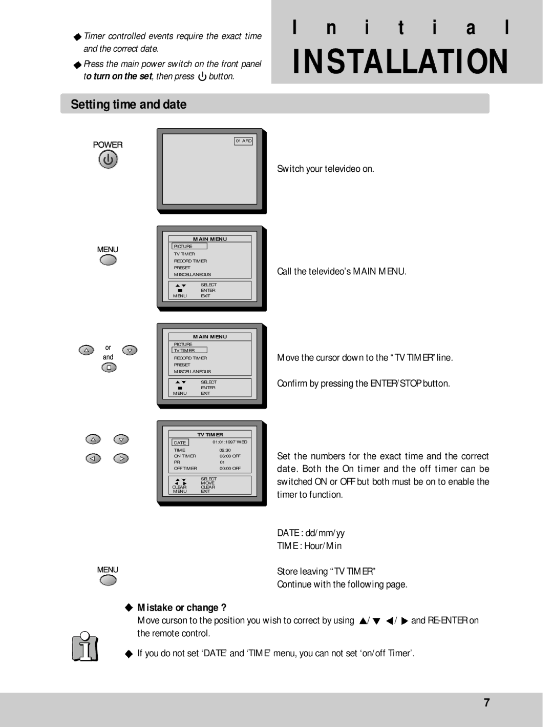 Daewoo GB21F1T2, GB14F8T1, GB20F8T2 instruction manual Setting time and date, Mistake or change ? 