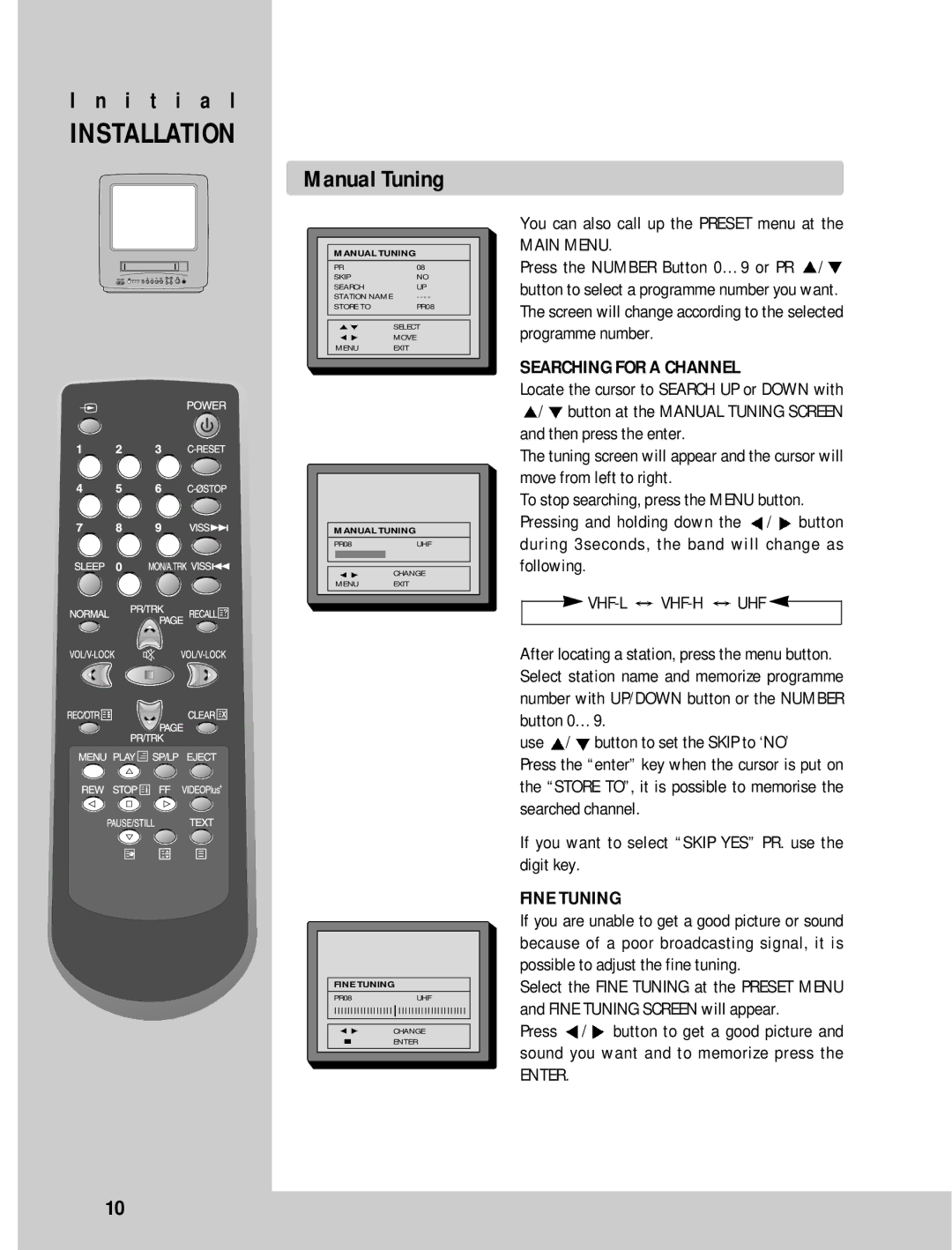 Daewoo GB21F1T2, GB14F8T1 Manual Tuning, You can also call up the Preset menu at, Use / button to set the Skip to ‘NO’ 