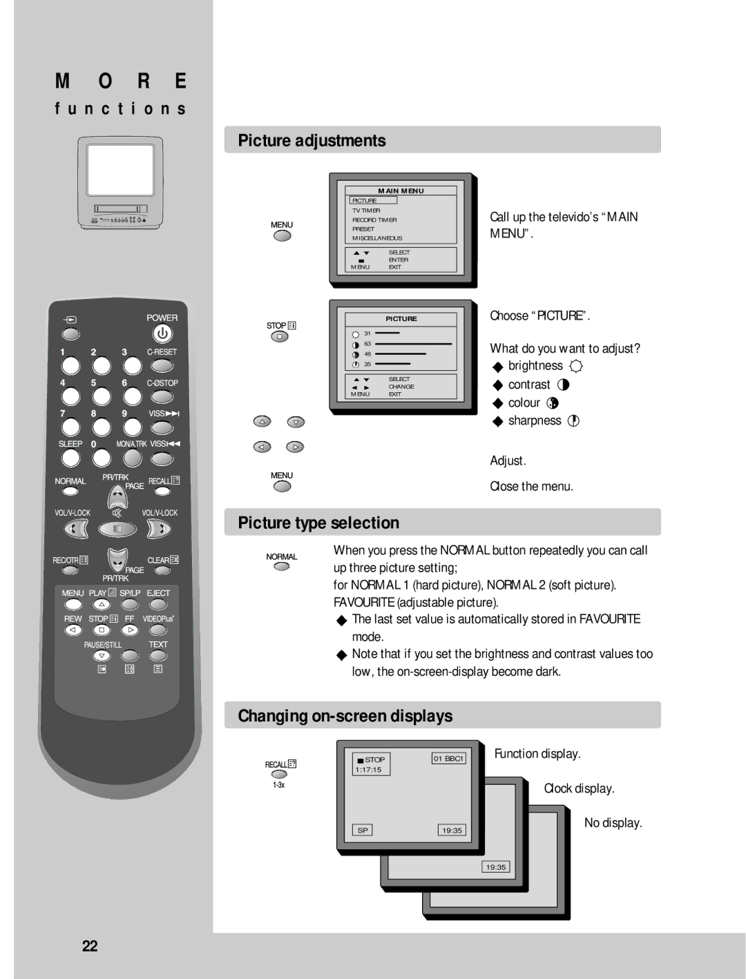 Daewoo GB21F1T2, GB14F8T1, GB20F8T2 instruction manual N c t i o n s Picture adjustments, Picture type selection 