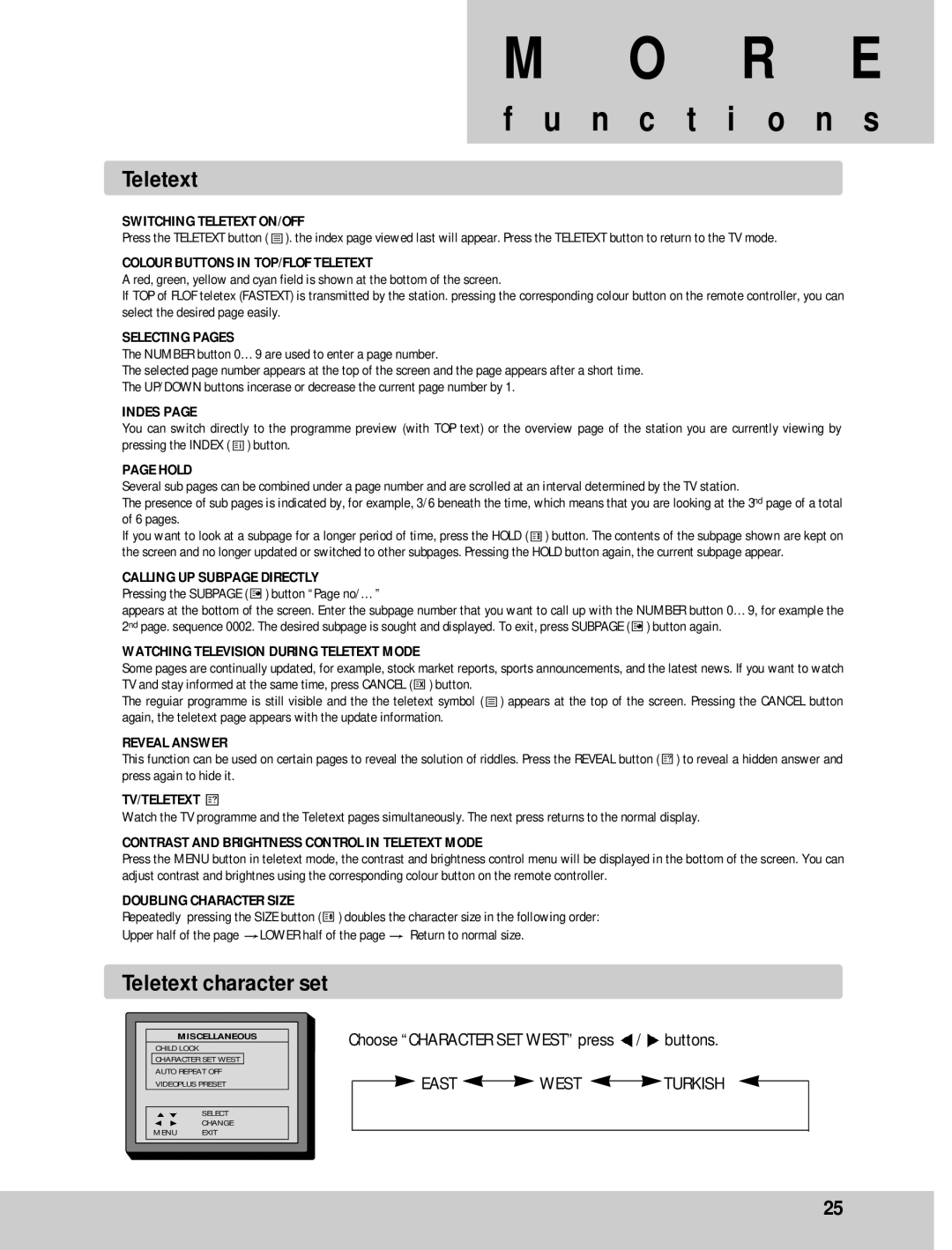 Daewoo GB21F1T2, GB14F8T1, GB20F8T2 instruction manual Teletext character set, Choose Character SET West press / buttons 