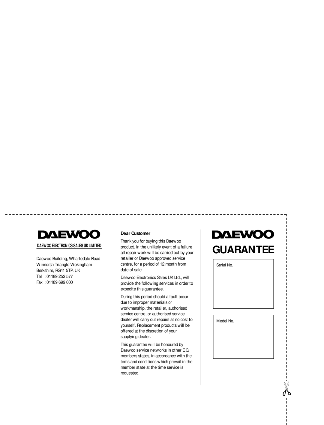 Daewoo GB20F8T2, GB14F8T1, GB21F1T2 instruction manual Guarantee 