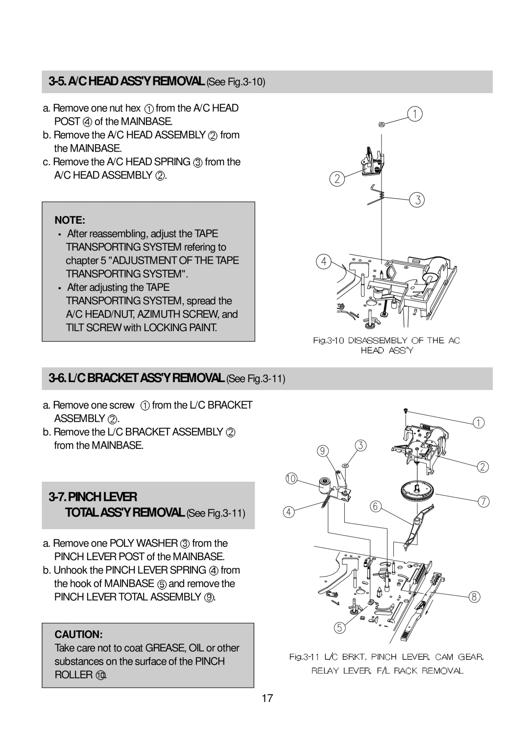 Daewoo K3050MECHA A/CHEADASSYREMOVALSeeFig.3-10, L/CBRACKETASSYREMOVALSeeFig.3-11, Pinchlever, TOTALASSYREMOVALSee -11 