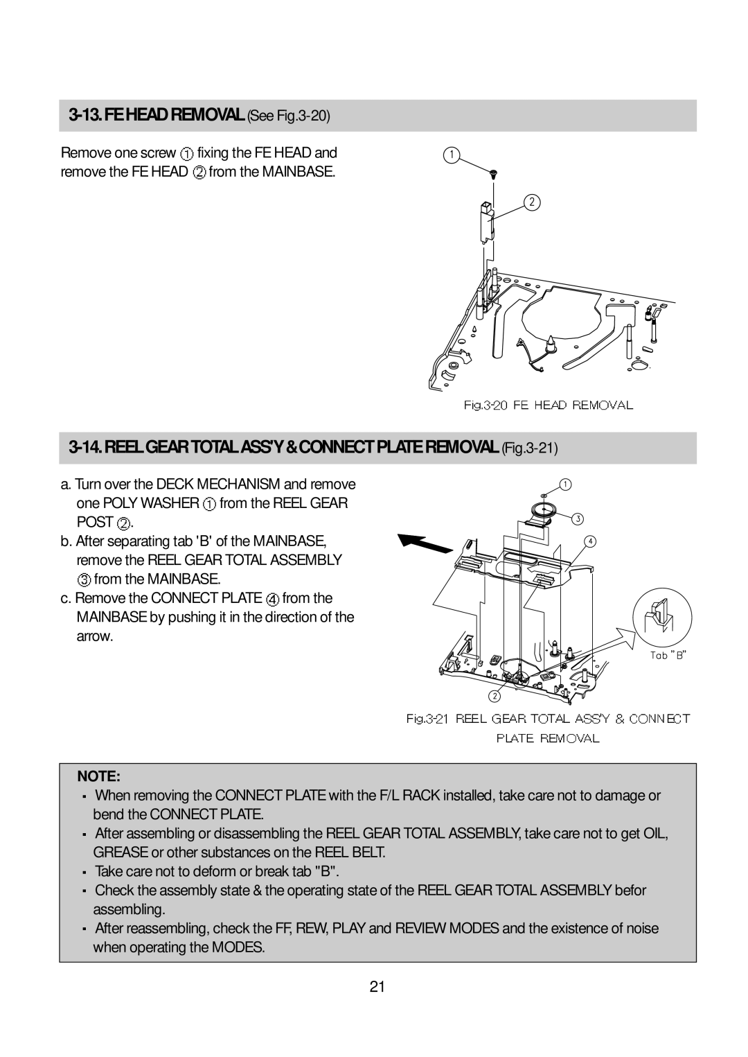 Daewoo K3050MECHA service manual FEHEADREMOVALSeeFig.3-20, REELGEARTOTALASSY&CONNECTPLATEREMOVALFig.3-21 