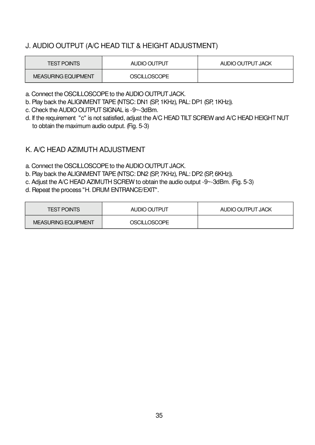 Daewoo K3050MECHA service manual Audio Output A/C Head Tilt & Height Adjustment 