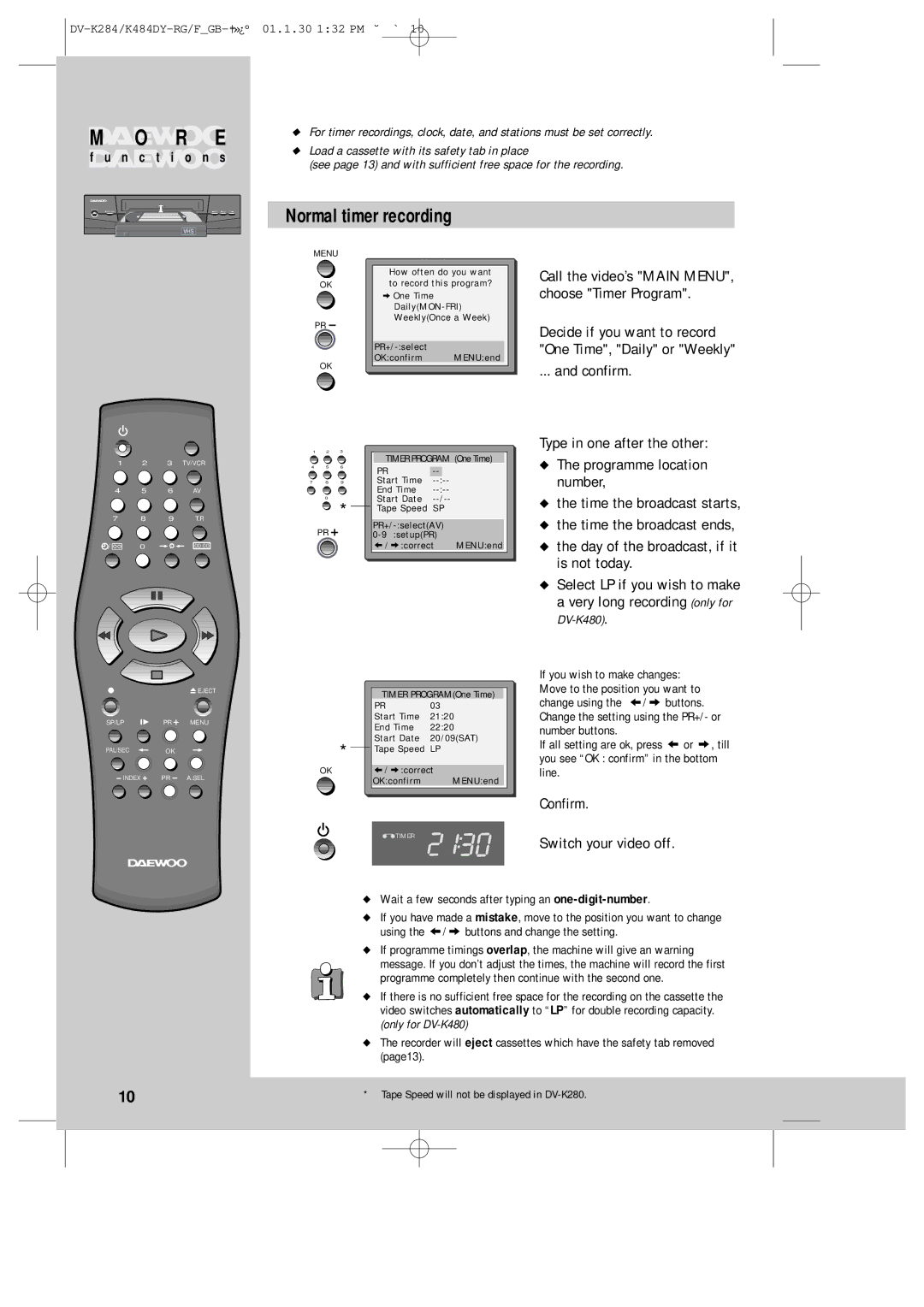 Daewoo DV-K280, K480 instruction manual Normal timer recording, Confirm Switch your video off 