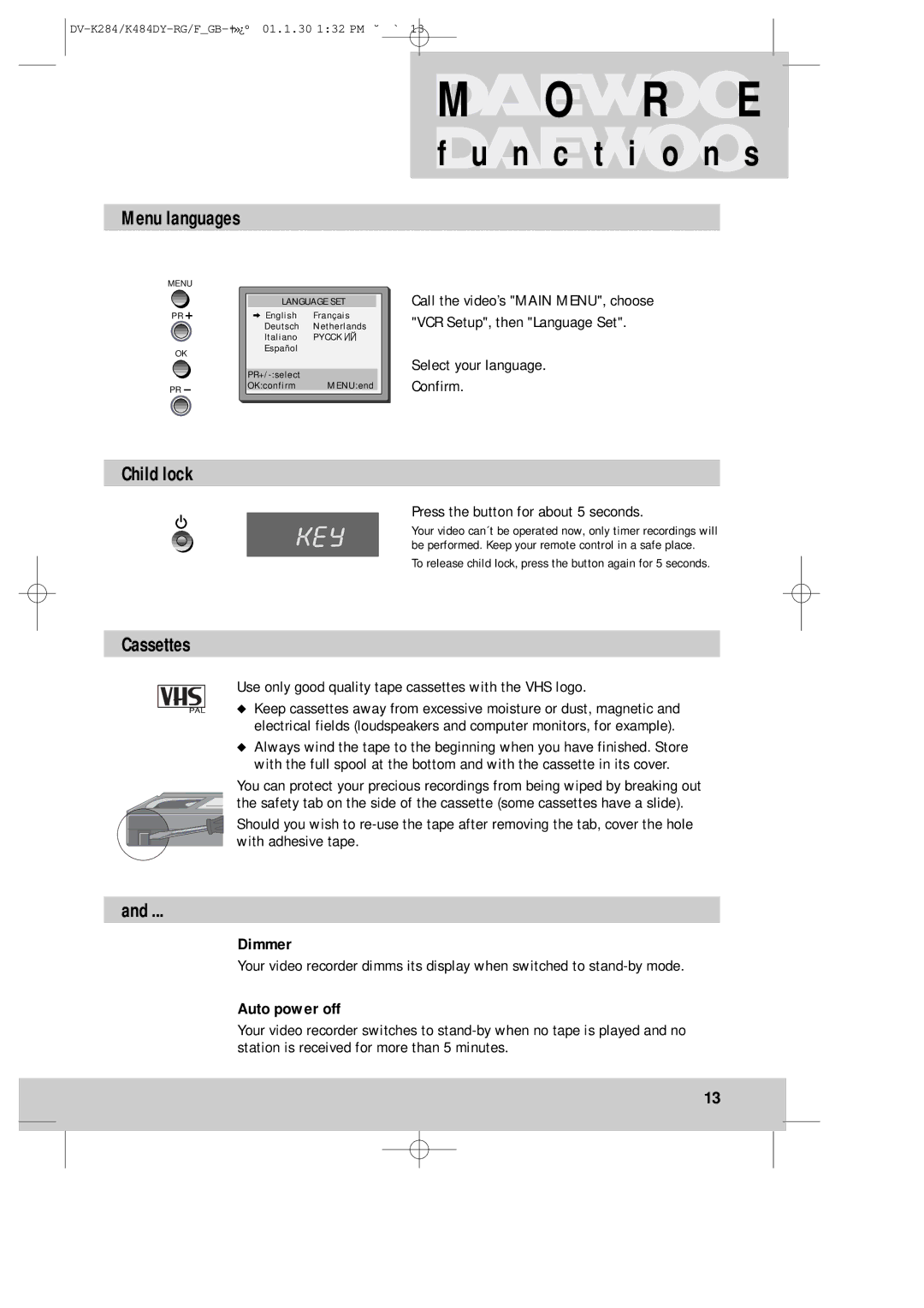 Daewoo K480, DV-K280 instruction manual Menu languages, Child lock, Cassettes, Dimmer, Auto power off 