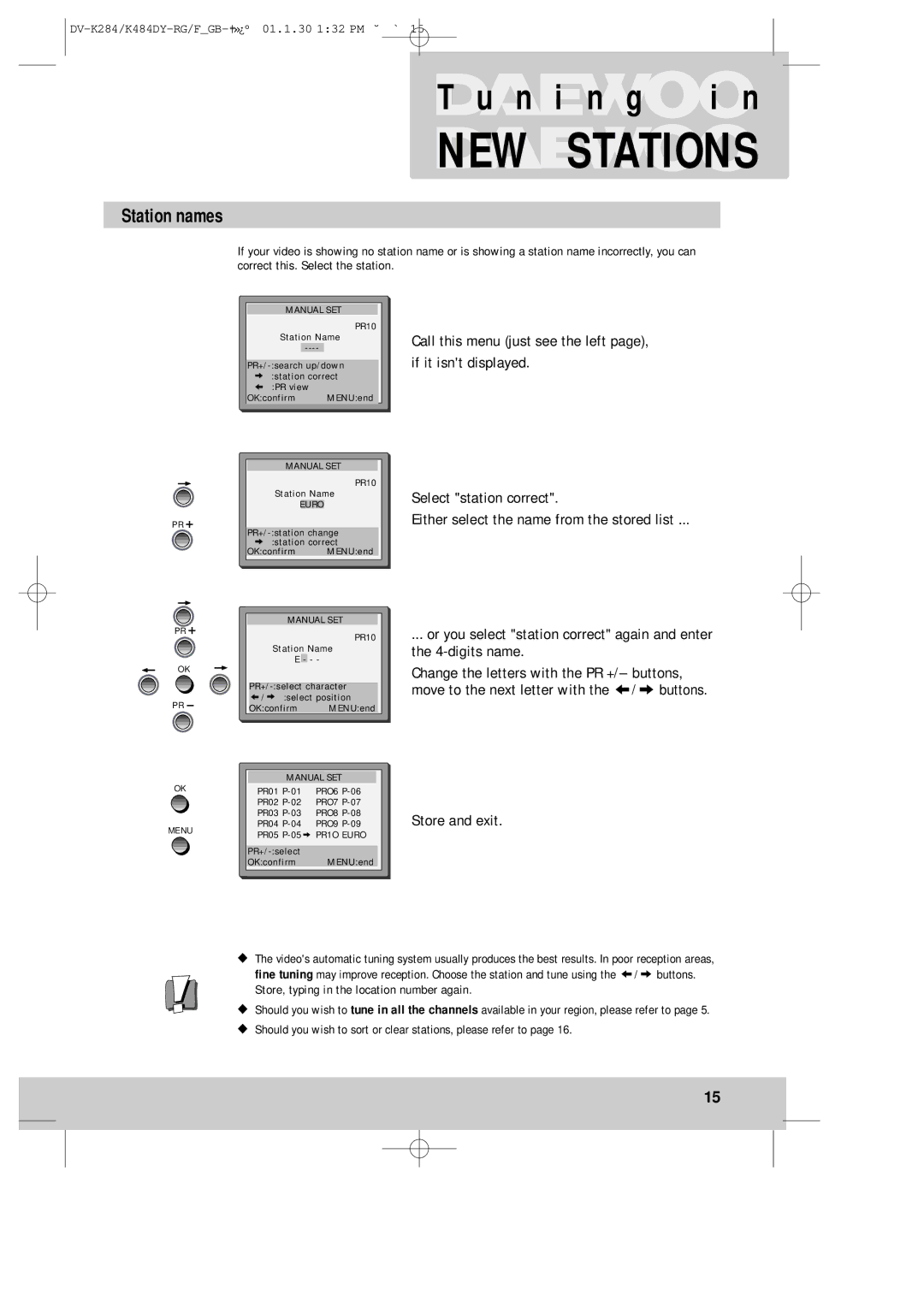 Daewoo K480, DV-K280 instruction manual G i n, Station names 