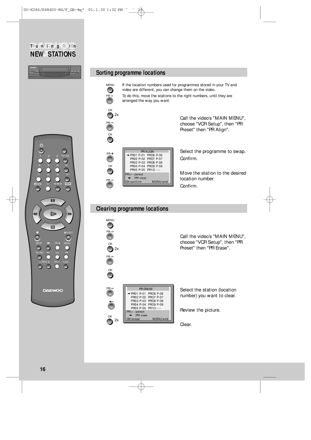 Daewoo DV-K280, K480 instruction manual Sorting programme locations, Clearing programme locations, Review the picture Clear 