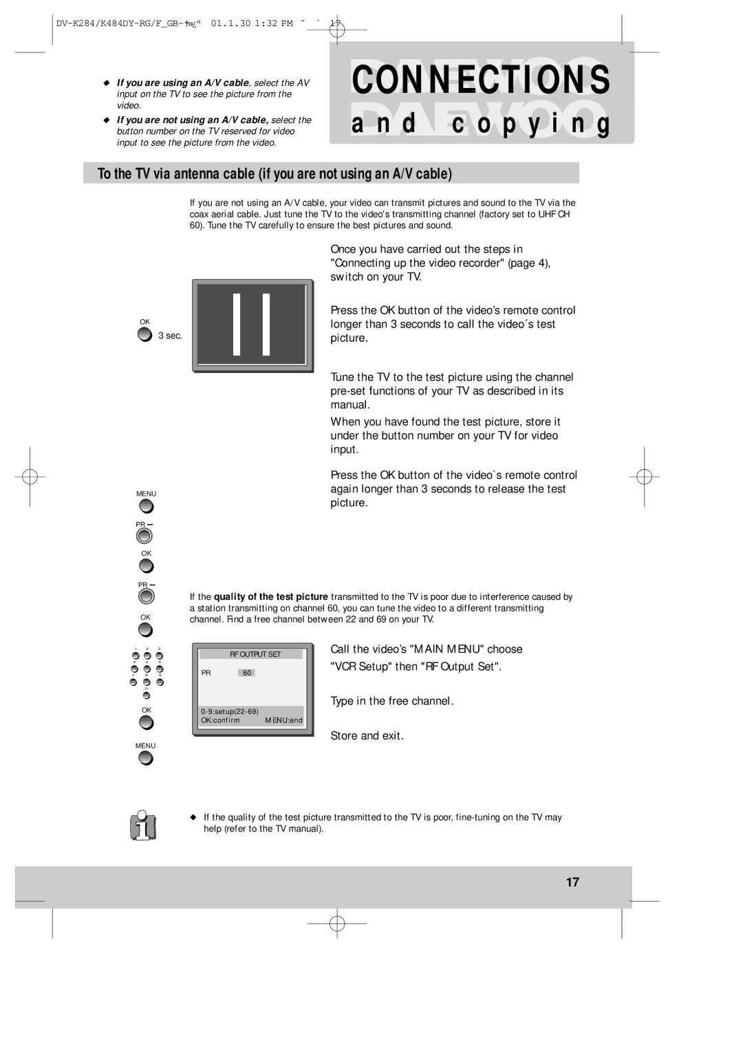 Daewoo K480, DV-K280 instruction manual D c o p y i n g, Type in the free channel Store and exit 