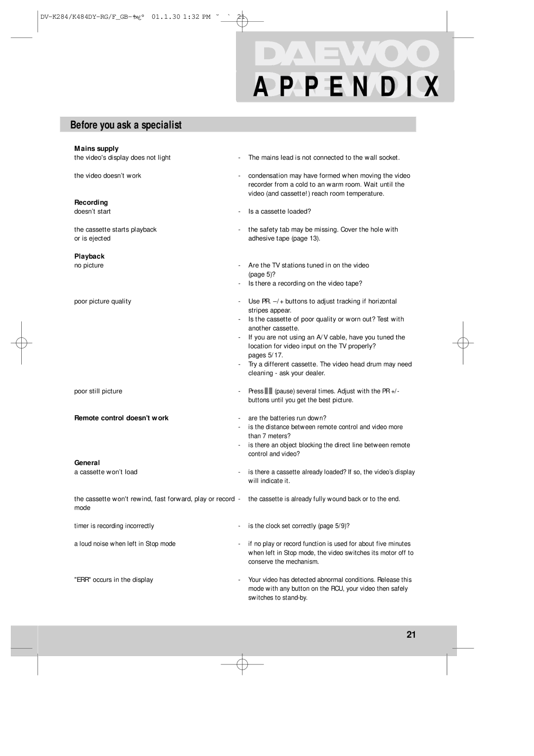 Daewoo K480, DV-K280 instruction manual Before you ask a specialist 