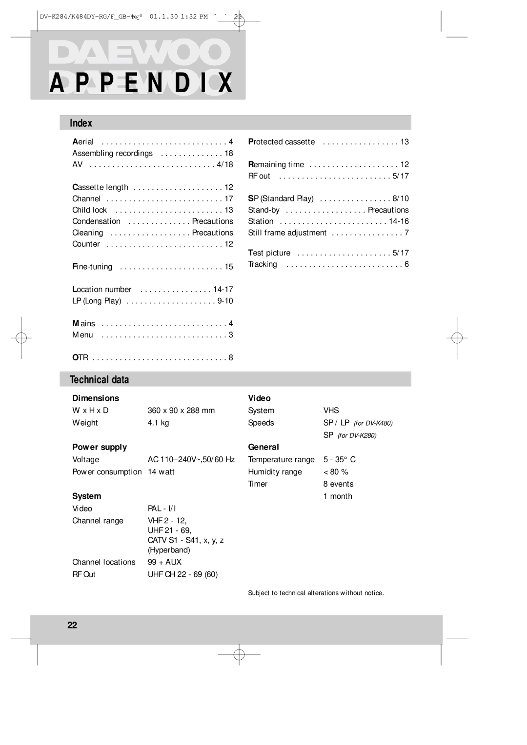 Daewoo DV-K280, K480 instruction manual Index, Technical data, Dimensions Video, Power supply General, System 