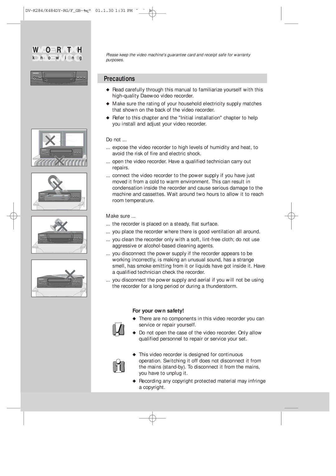 Daewoo DV-K280, K480 instruction manual Precautions, For your own safety 