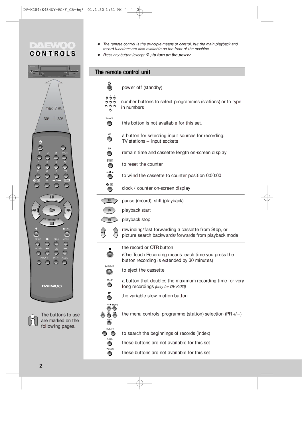 Daewoo DV-K280, K480 instruction manual Remote control unit 