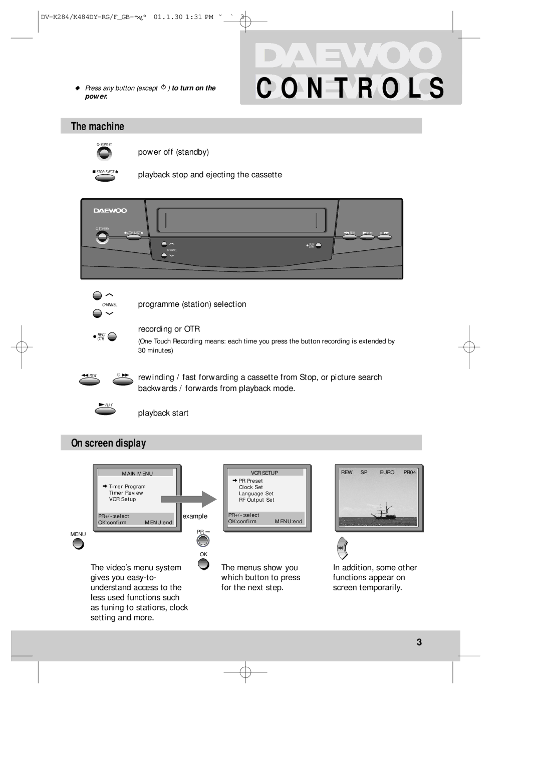 Daewoo K480, DV-K280 instruction manual Machine, On screen display 