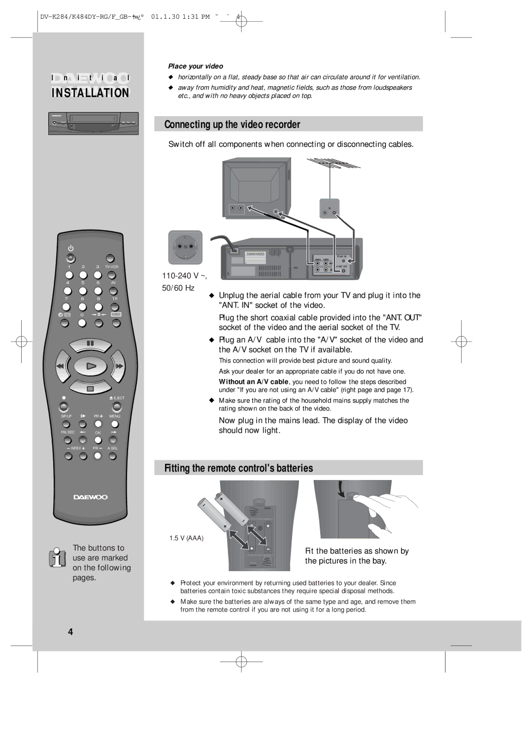 Daewoo DV-K280, K480 instruction manual Connecting up the video recorder, Fitting the remote controls batteries 