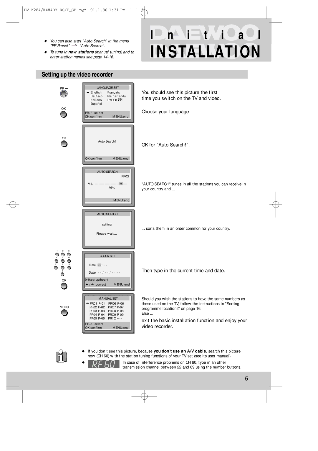 Daewoo K480, DV-K280 instruction manual I t i a l, Setting up the video recorder, Choose your language OK for Auto Search 