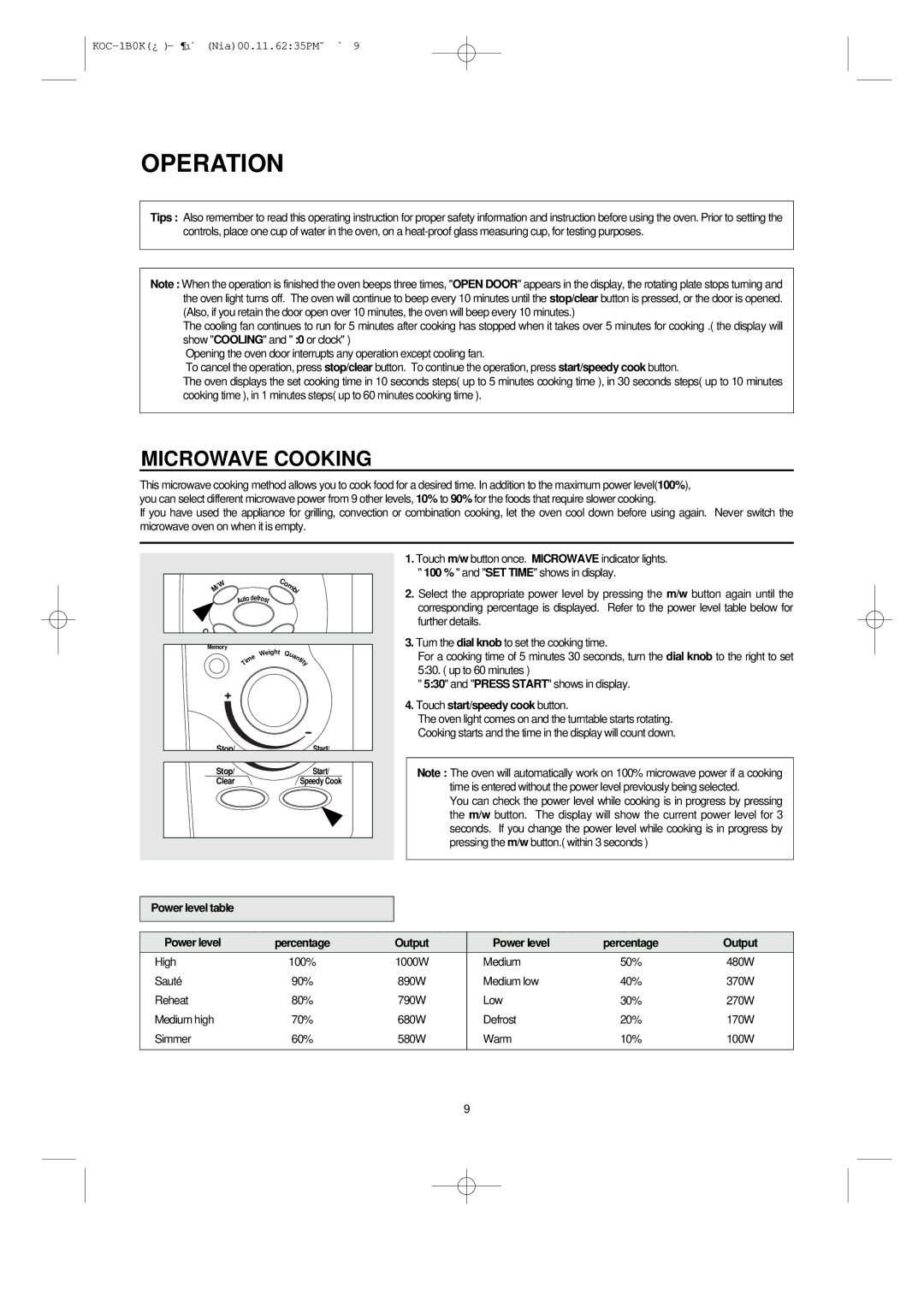 Daewoo KOC-1B0K owner manual Microwave Cooking, Touch start/speedy cook button, Power level table Percentage Output 