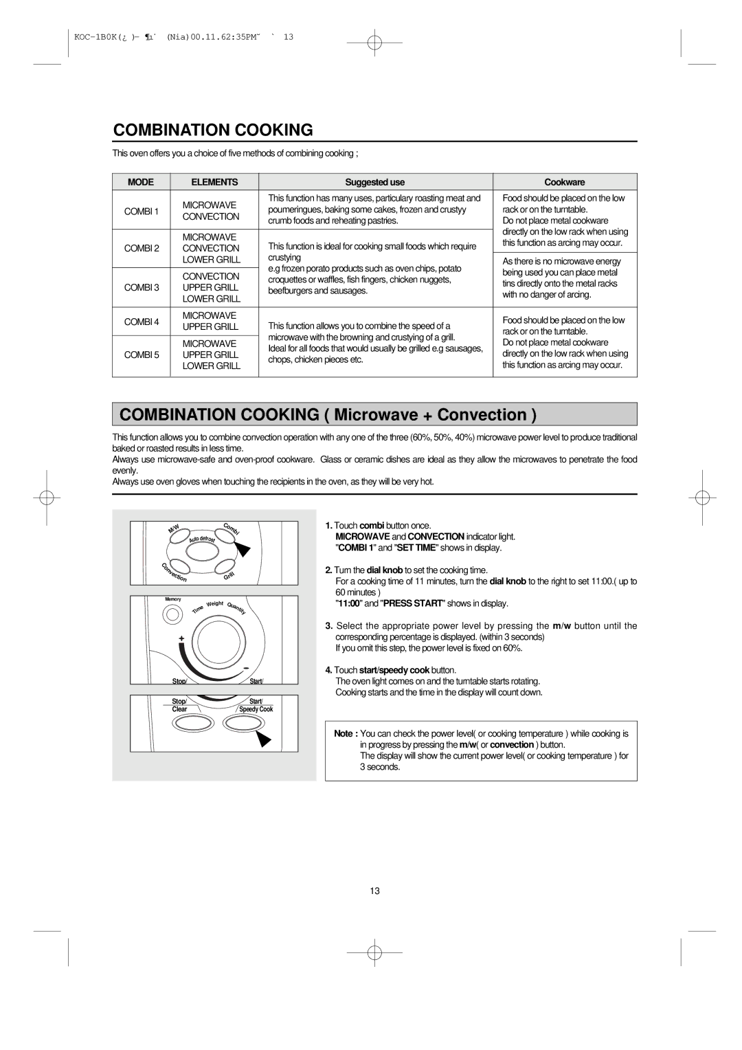 Daewoo KOC-1B0K owner manual Combination Cooking Microwave + Convection, Mode Elements 