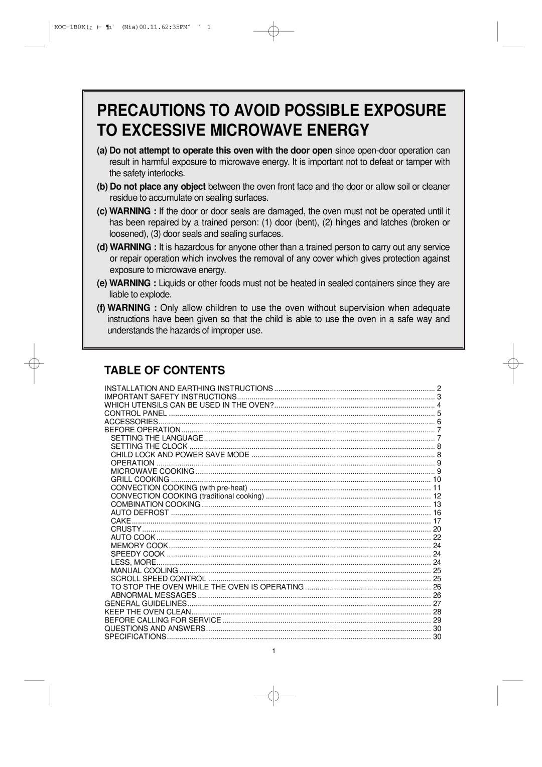 Daewoo KOC-1B0K owner manual Table of Contents 