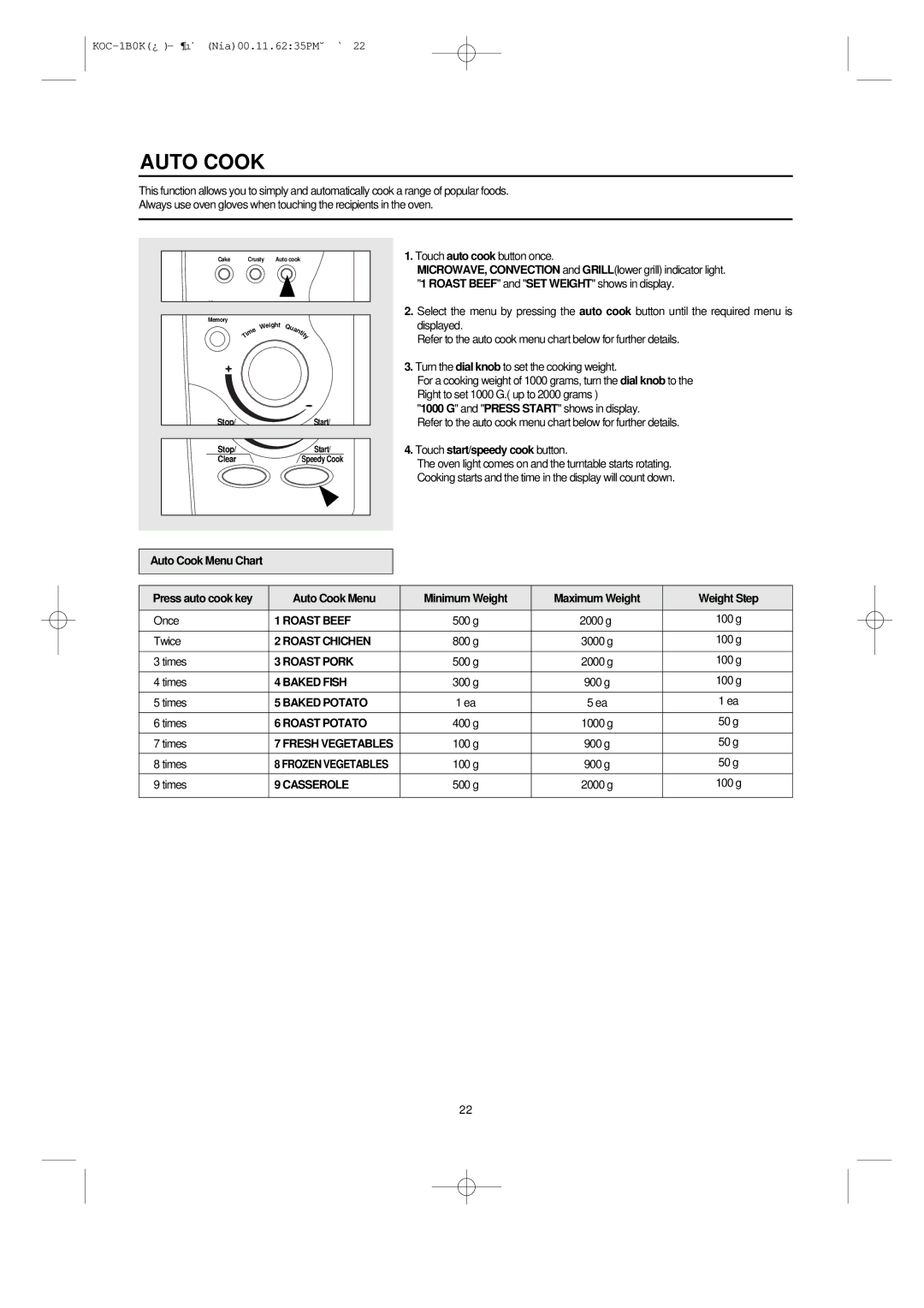 Daewoo KOC-1B0K owner manual Auto Cook 