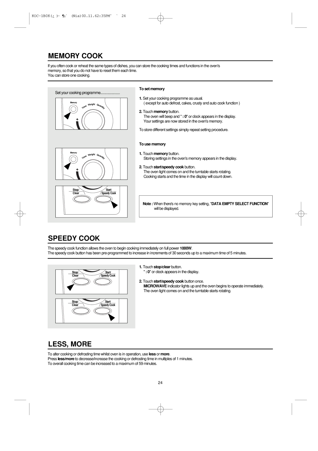 Daewoo KOC-1B0K owner manual Memory Cook, Speedy Cook, LESS, More, To set memory, To use memory 