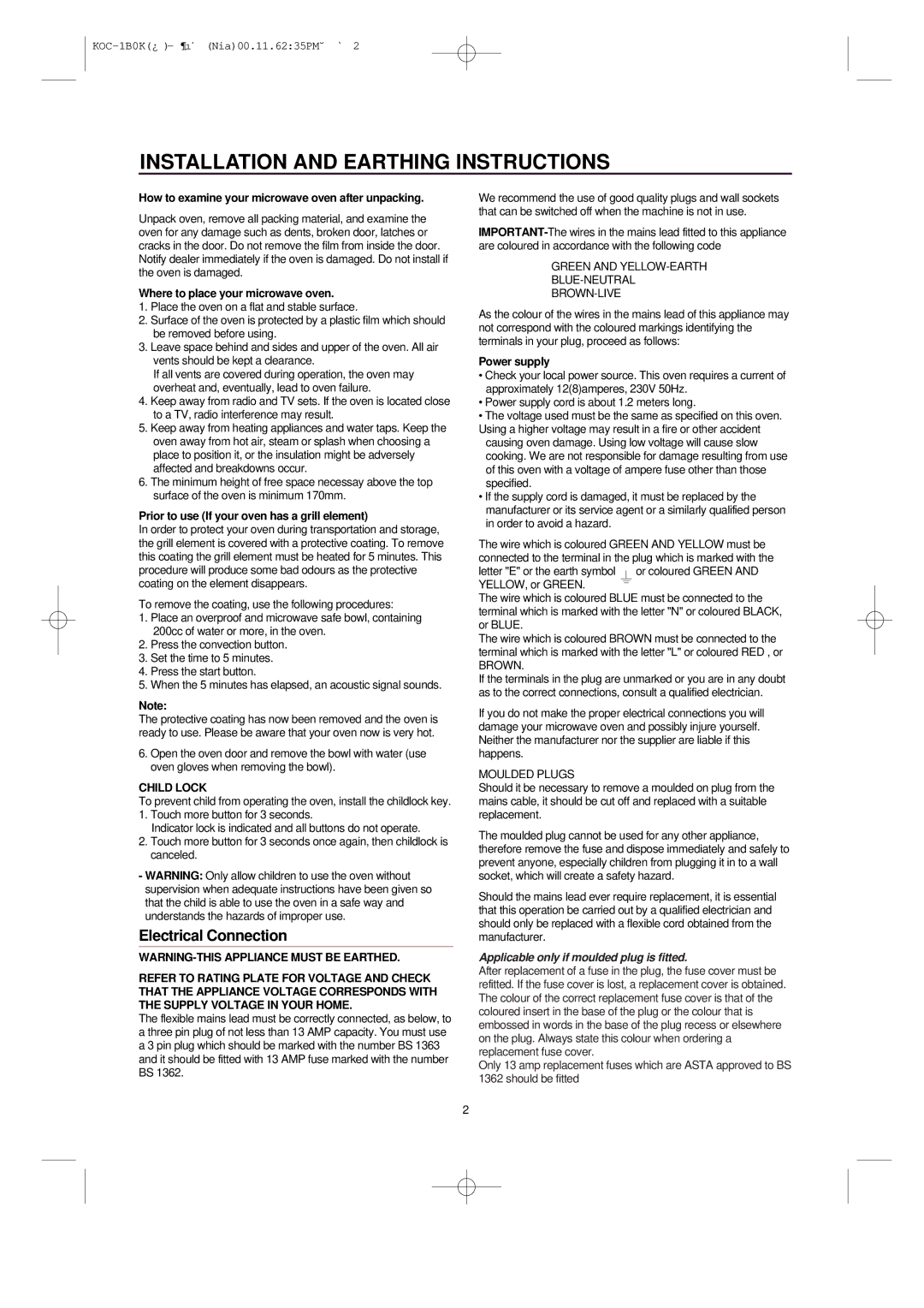 Daewoo KOC-1B0K owner manual Installation and Earthing Instructions, Child Lock 