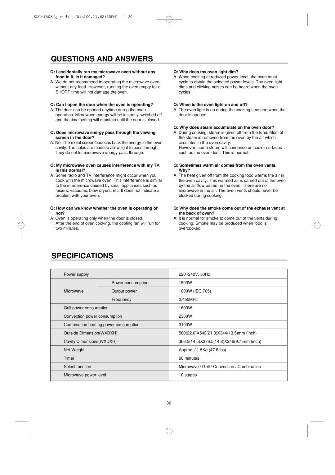 Daewoo KOC-1B0K owner manual Questions and Answers, Specifications 