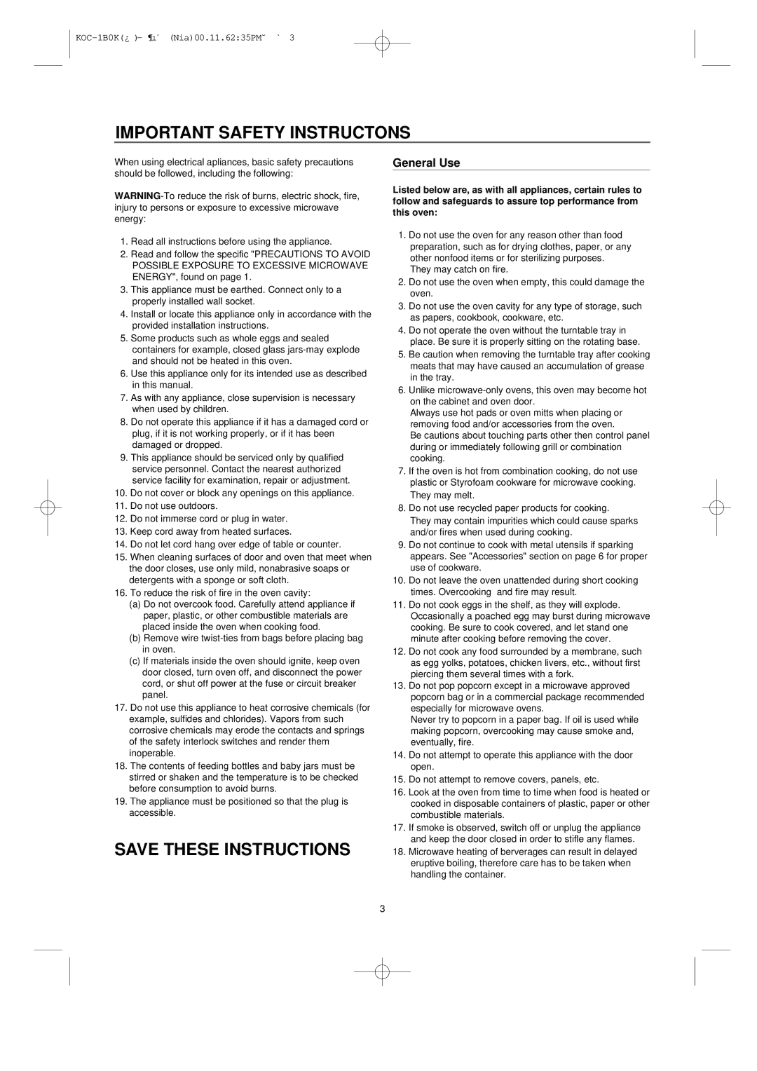 Daewoo KOC-1B0K owner manual Important Safety Instructons, General Use 