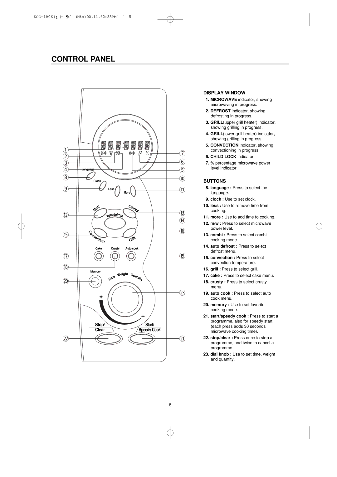 Daewoo KOC-1B0K owner manual Control Panel, Child Lock indicator, Auto defrost Press to select, Convection Press to select 