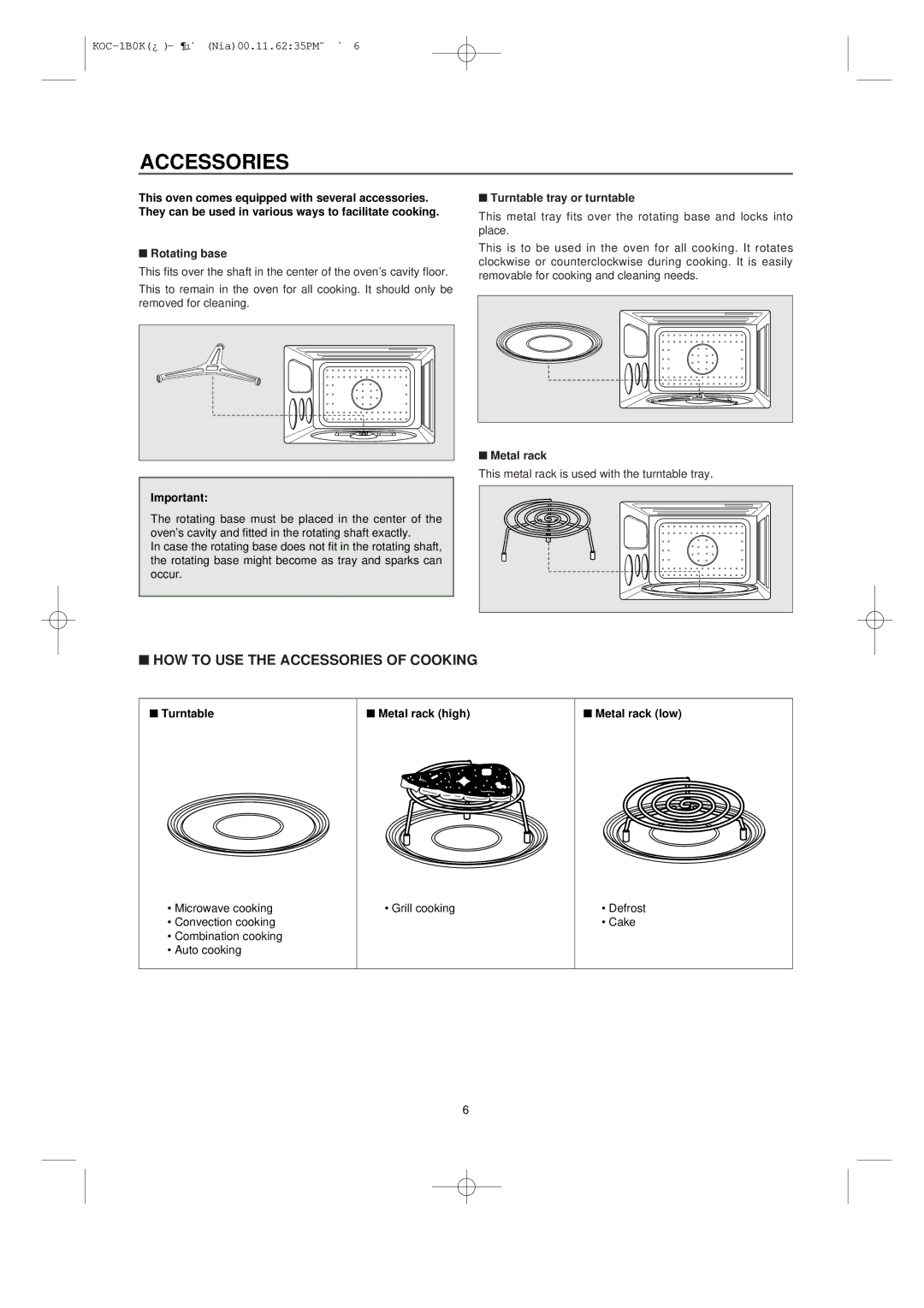 Daewoo KOC-1B0K owner manual Accessories, Rotating base, Turntable tray or turntable, Metal rack 